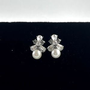 Faux Pearl and Crystal Silver Tone Drop Earrings